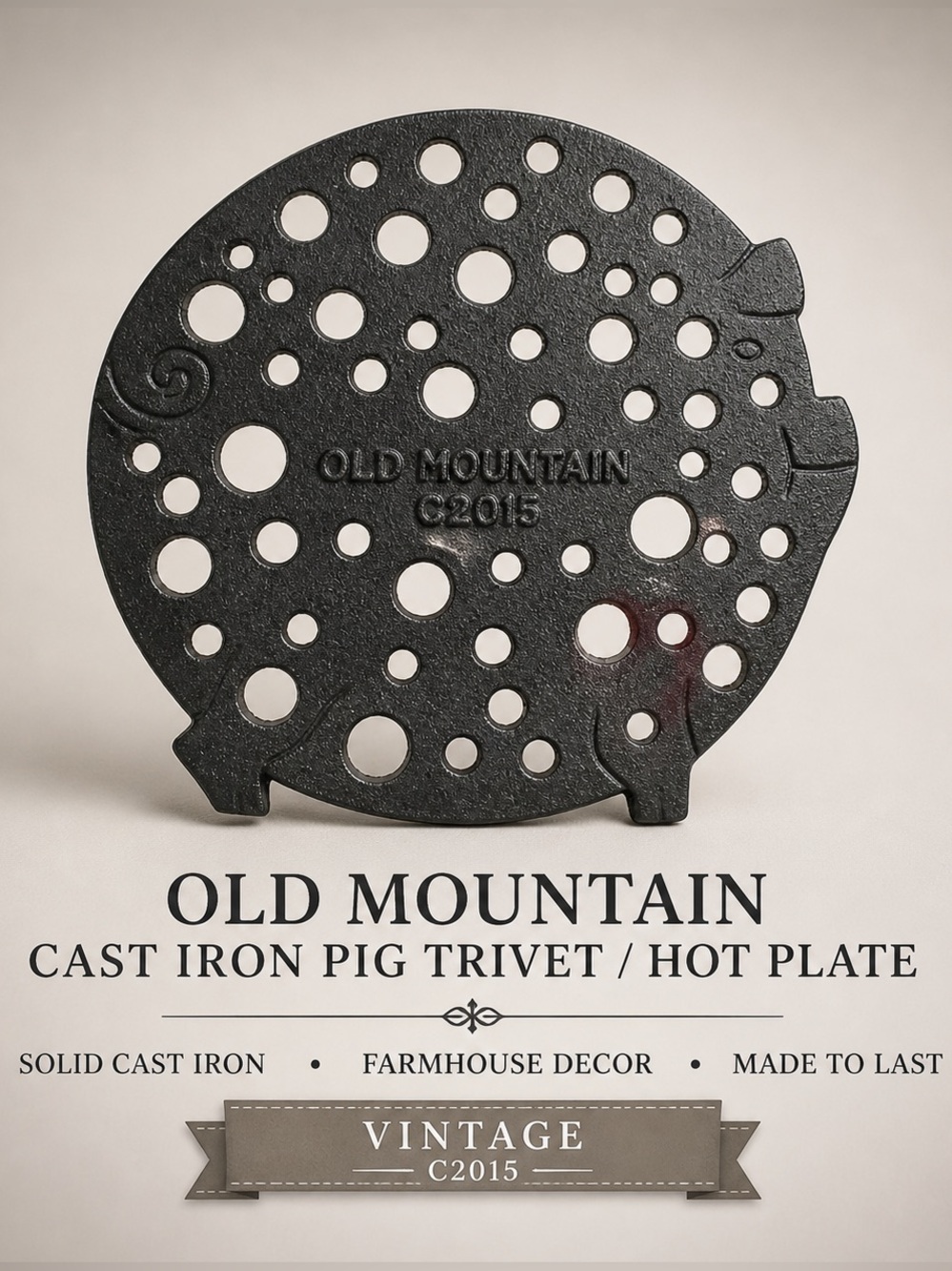 Old Mountain Cast Iron Pig Trivet Hot Plate Farmhouse Kitchen Decor C2015 7.5”